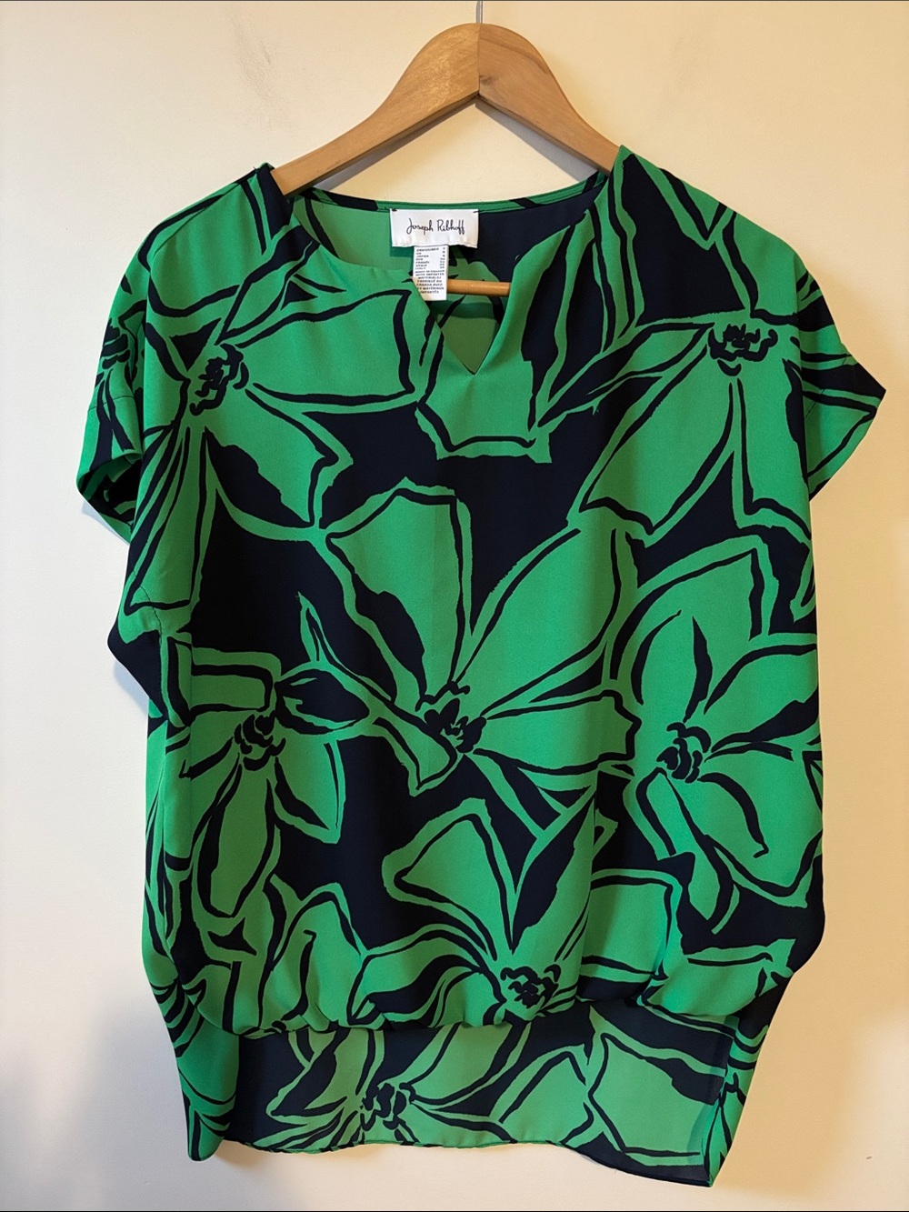 Joseph Ribkoff Green and Navy Floral Split-Neck Blouse
